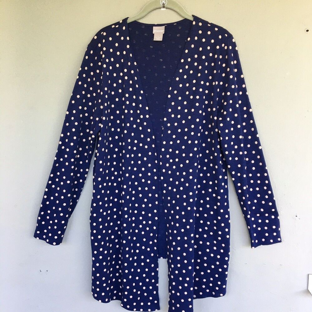Chico's Open Front Cardigan Women 1/M Blue Polka Dot Light Layering Coastal Boho